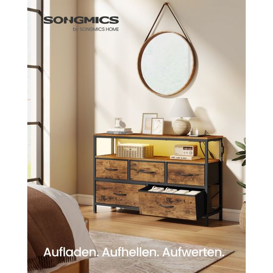 Songmics kommode, 5 skuffer, justerbar, med LED-belysning, rustikkbrun/svart, LGS723KD01