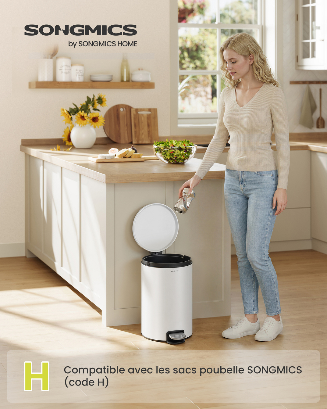 SONGMICS søppelbøtte, 20 L, skyhvit, LTB021WZ01