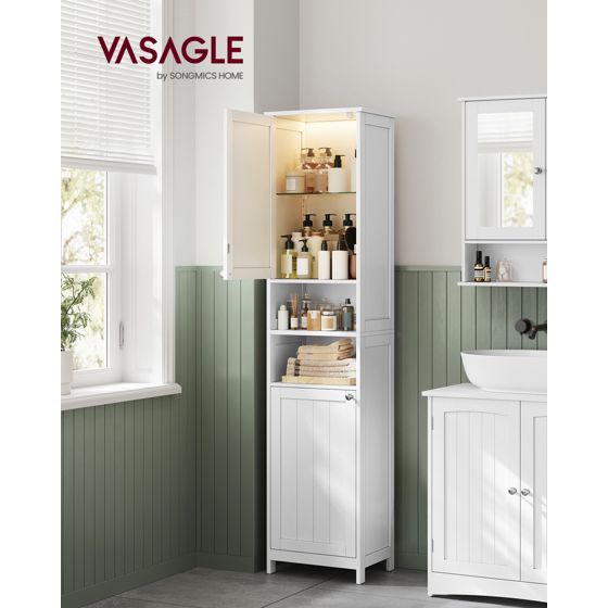 Vasagle baderomsskap, 40cm, justerbar hylle, med LED-belysning, skyhvit, BBC766WH03