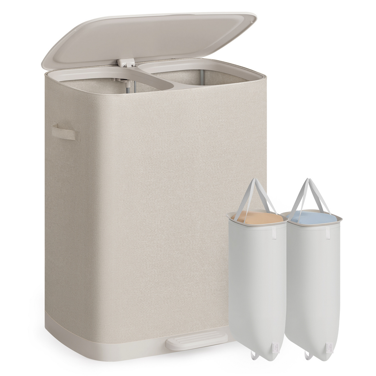 SONGMICS skittentøyskurv, 2 rom, 160 L, 56 × 40.5 × 75 cm, sammenleggbar, med lokk, beige, LCB832L101