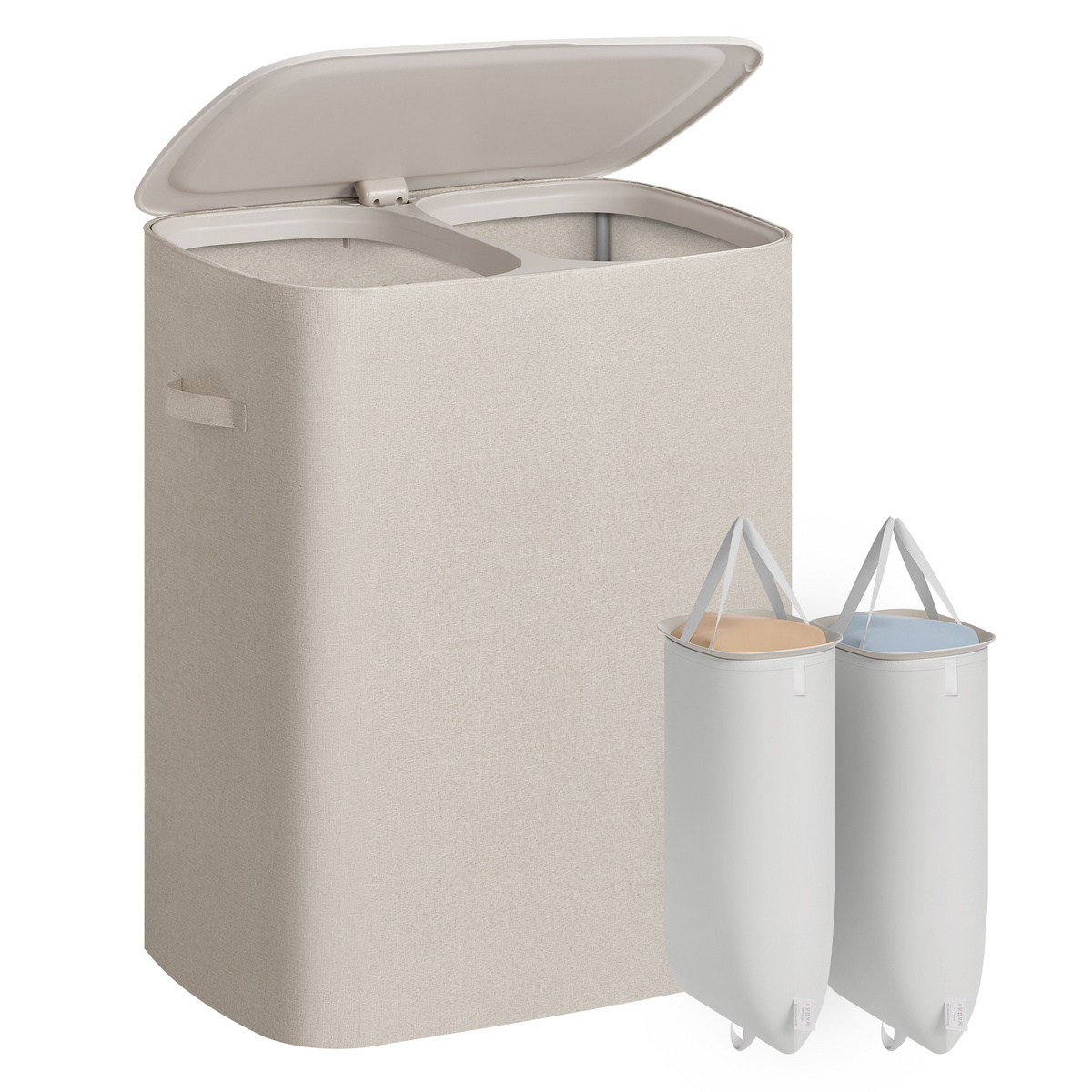 SONGMICS skittentøyskurv, 2 rom, 160 L, 56 × 40.5 × 70 cm, sammenleggbar, med lokk, beige, LCB822L101