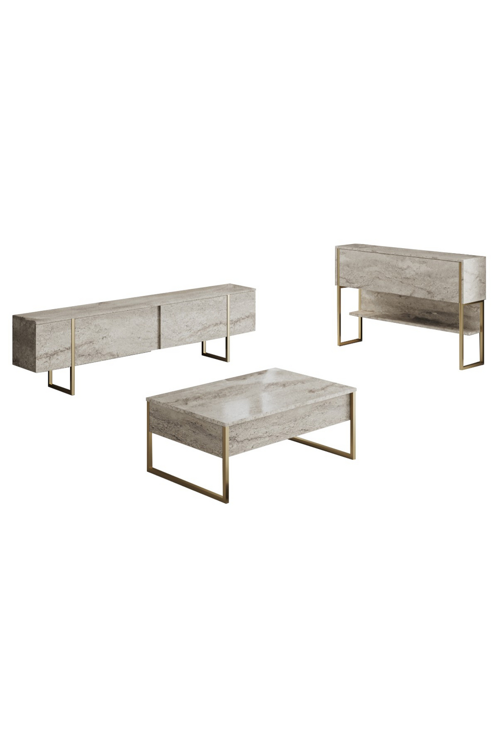 Norda Design moderne stuemøbelsett, 100% melamin, metallben | TV-benk, sofabord, kommode