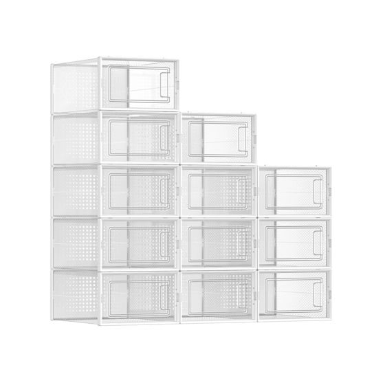 Songmics skoesker, 12-pakning, sammenleggbar, stabelbar, transparent/hvit, LSP12SWT