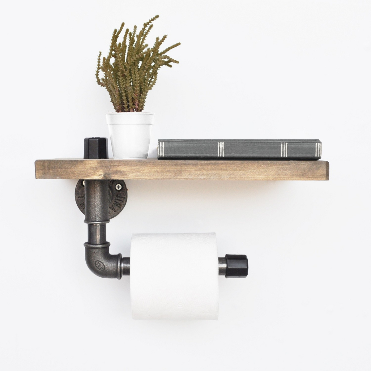 Norda Design håndlaget industriell rørhylle, svart og valnøtt, 30x14x12 cm | 100% grantre og metall | veggmontert