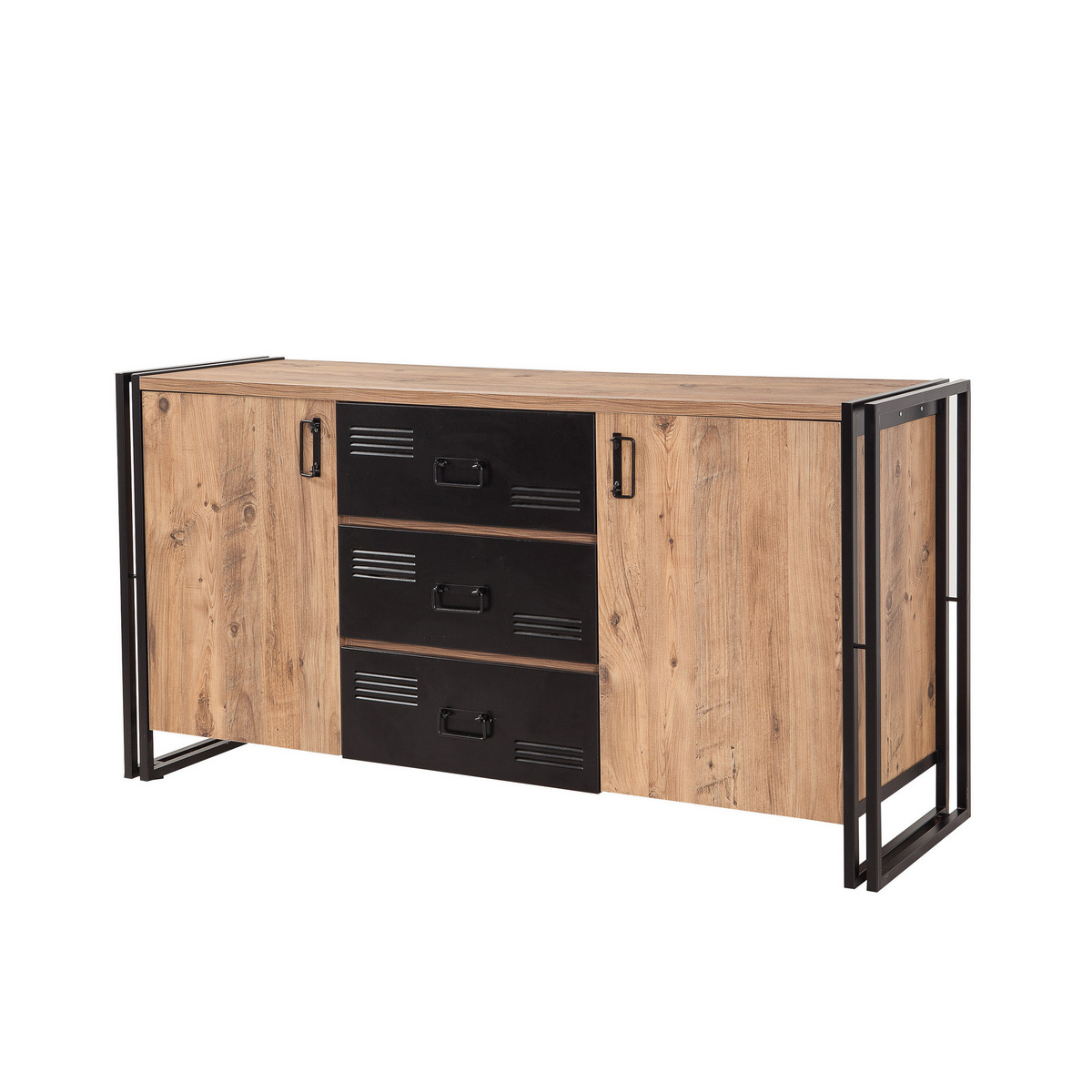 Norda Design industrielt konsollbord, Atlantic-furu og svart, 160x80x45 cm | 100% melamin, metallramme og skuffer