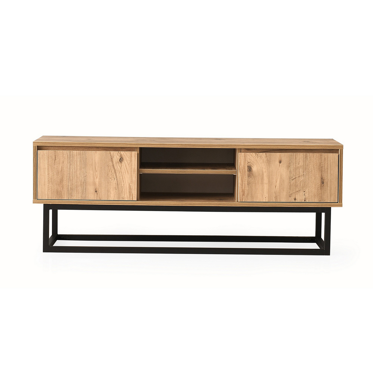 Norda Design industriell TV-benk med metallben, svart og furu, 180 cm | 100% melaminbelagt, 2 skuffer og hyller