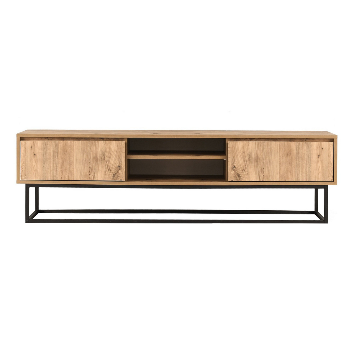 Norda Design moderne TV-benk med metallben, svart og furu, 140 cm | 100% melaminbelagt, 2 skuffer, veggmonterbar