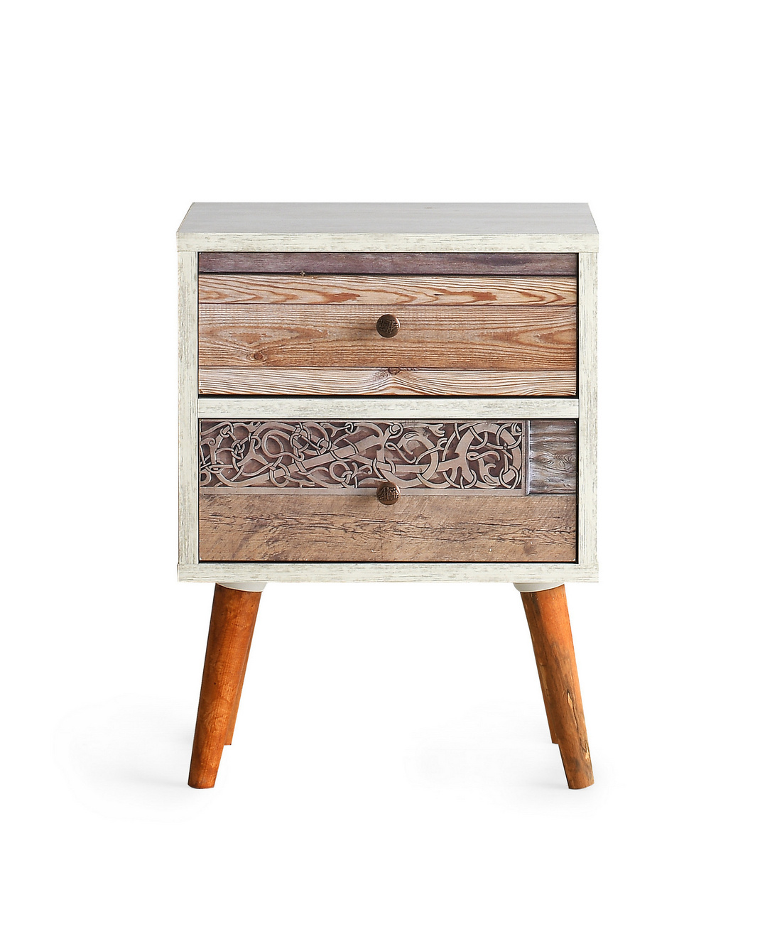 Norda Design rustikk nattbord med 2 skuffer, hvit og valnøtt, 40 x 55 x 35 cm | 100% melaminbelagt, treben