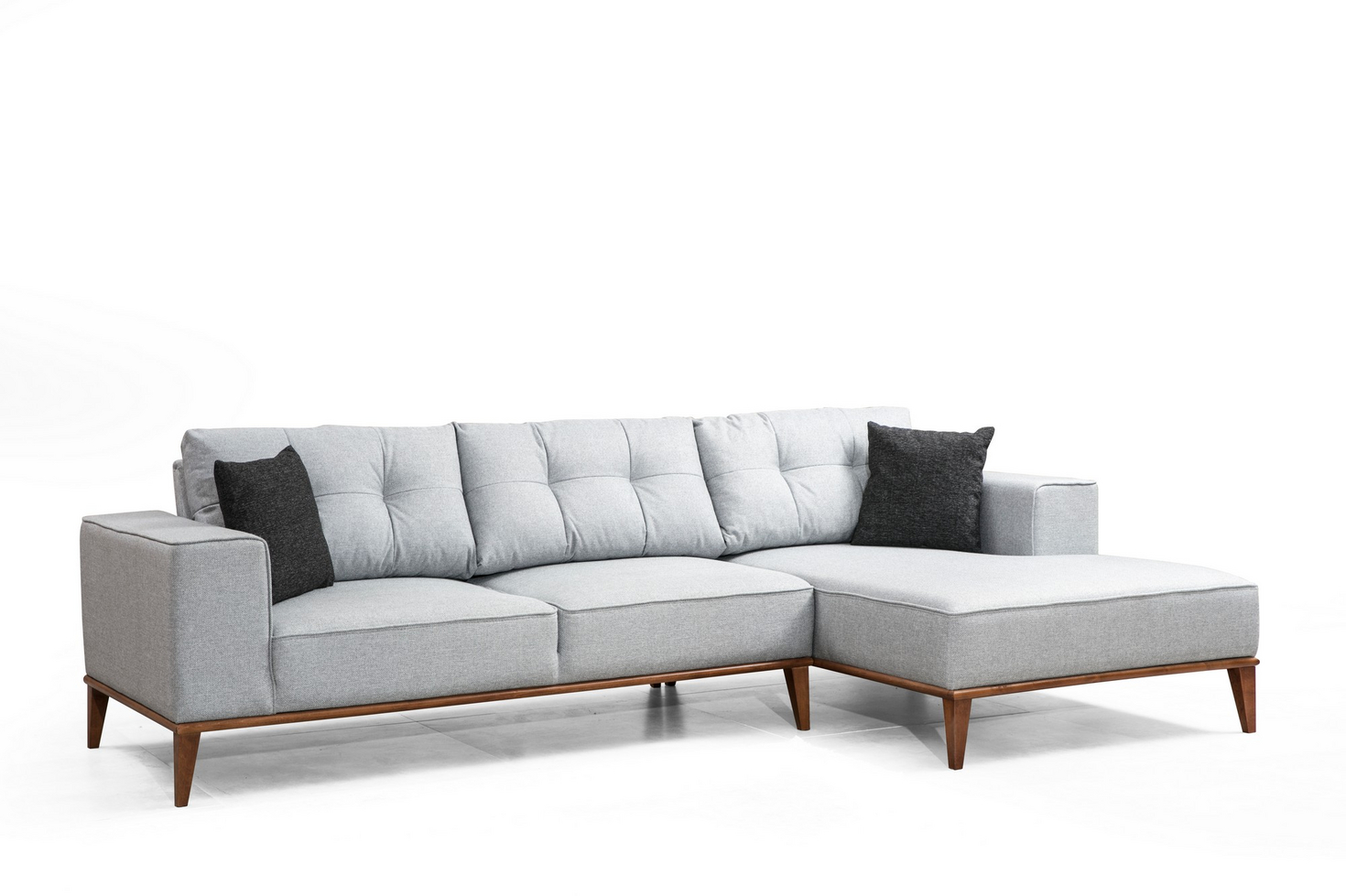Norda Design stilig hjørnesovesofa, lysegrå, 288 x 160 cm | bøk- og sponplateramme, 100% polyester, valnøttben | komfortabel og allsidig