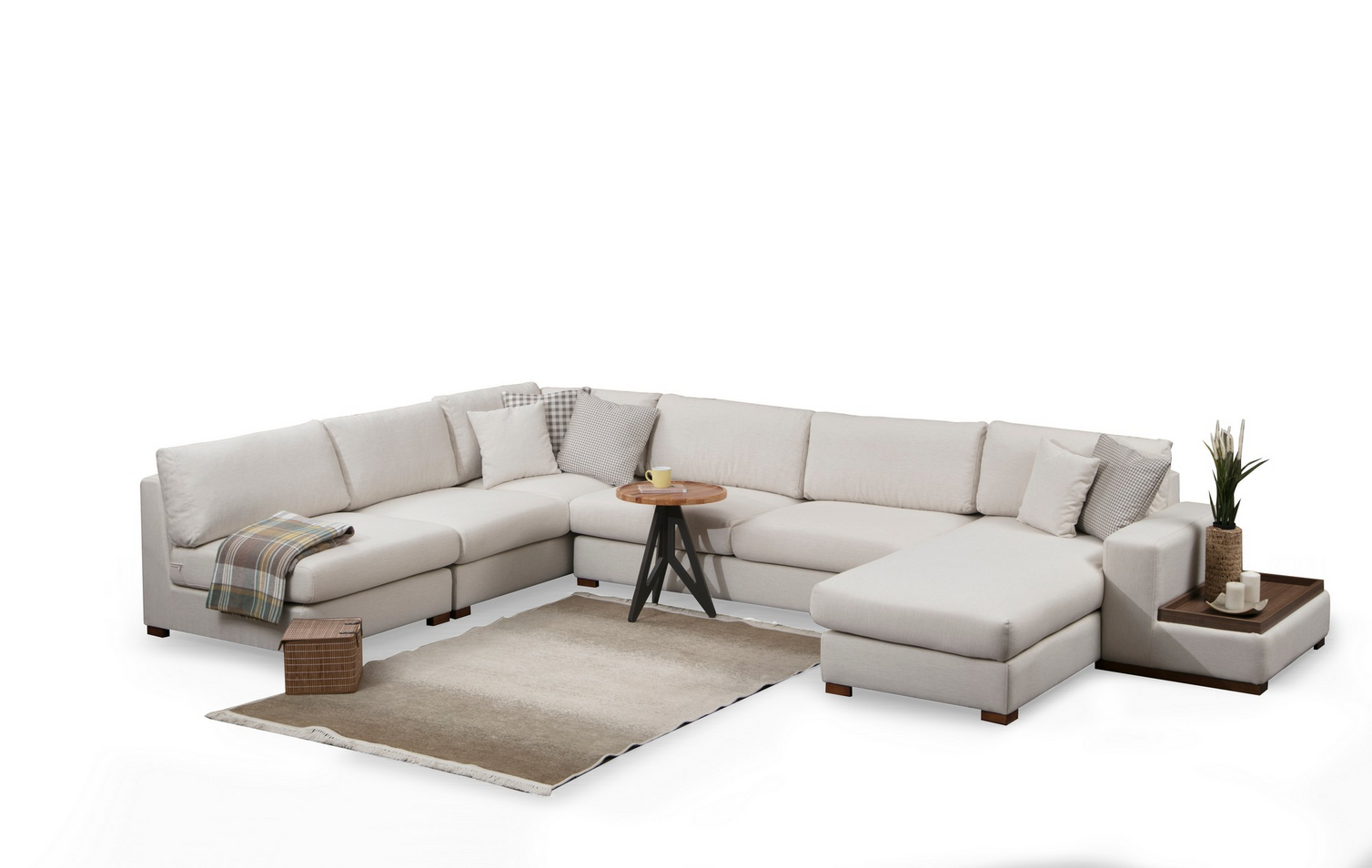 Norda Design elegant hjørnesofa med valnøttben, 272x428 cm, 100% polyester, 5 puter, skandinavisk design