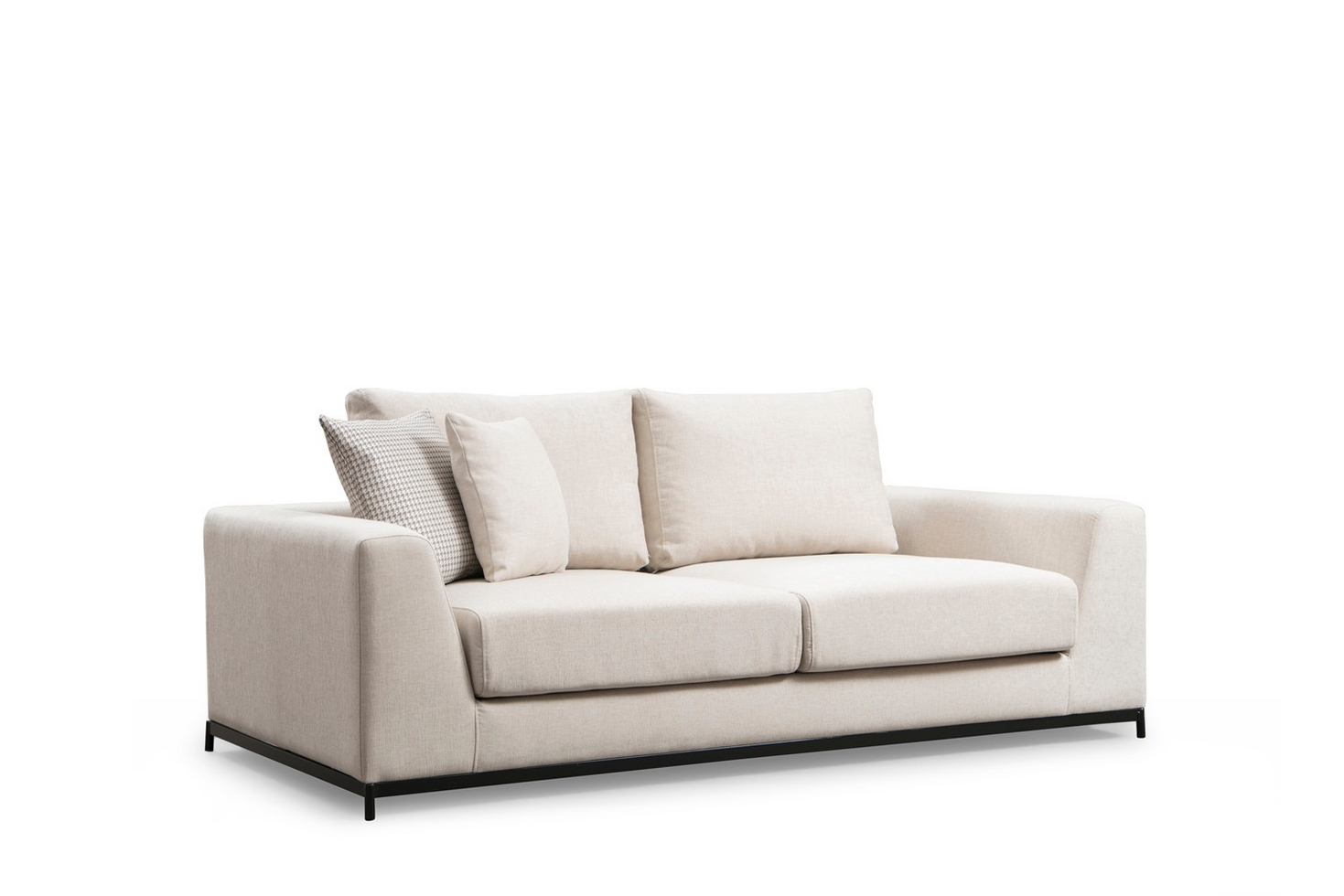 Norda Design beige 2-seters sofa, bøkramme, 201 cm | myke grå skumputer, stoff som kan renses, moderne design