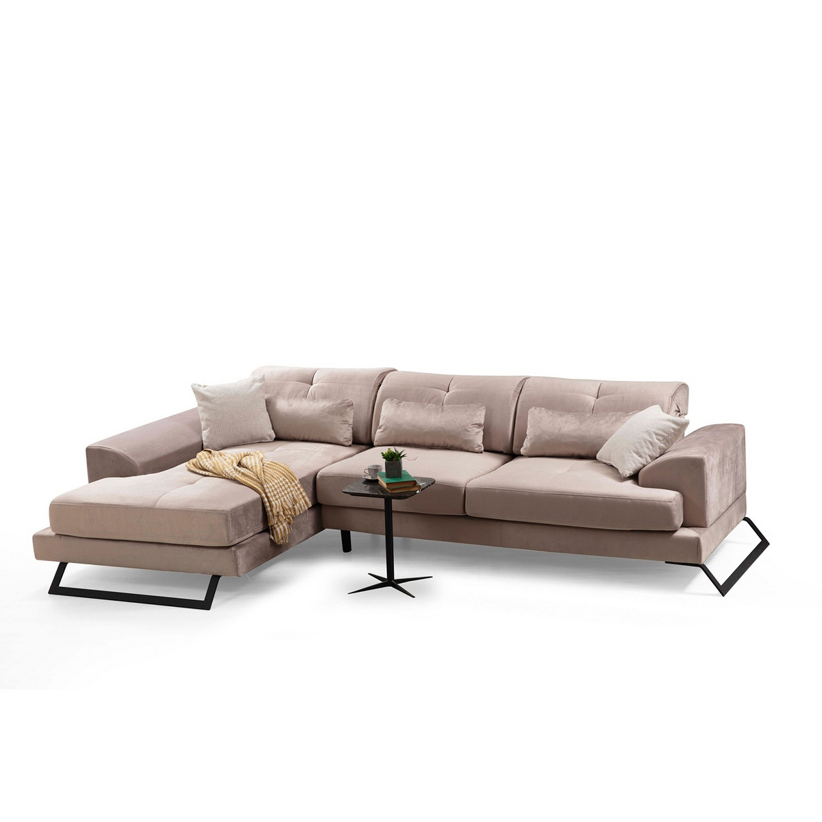 Norda Design beige hjørnesofa med justerbar rygg, bøkramme, 5 puter, moderne industriell design