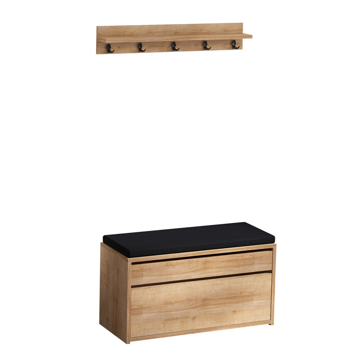 Norda Design moderne entrémøbel med vegghylle og knaggrekke, eik og svart, 80x42x35 cm | 100% melamin, skandinavisk design