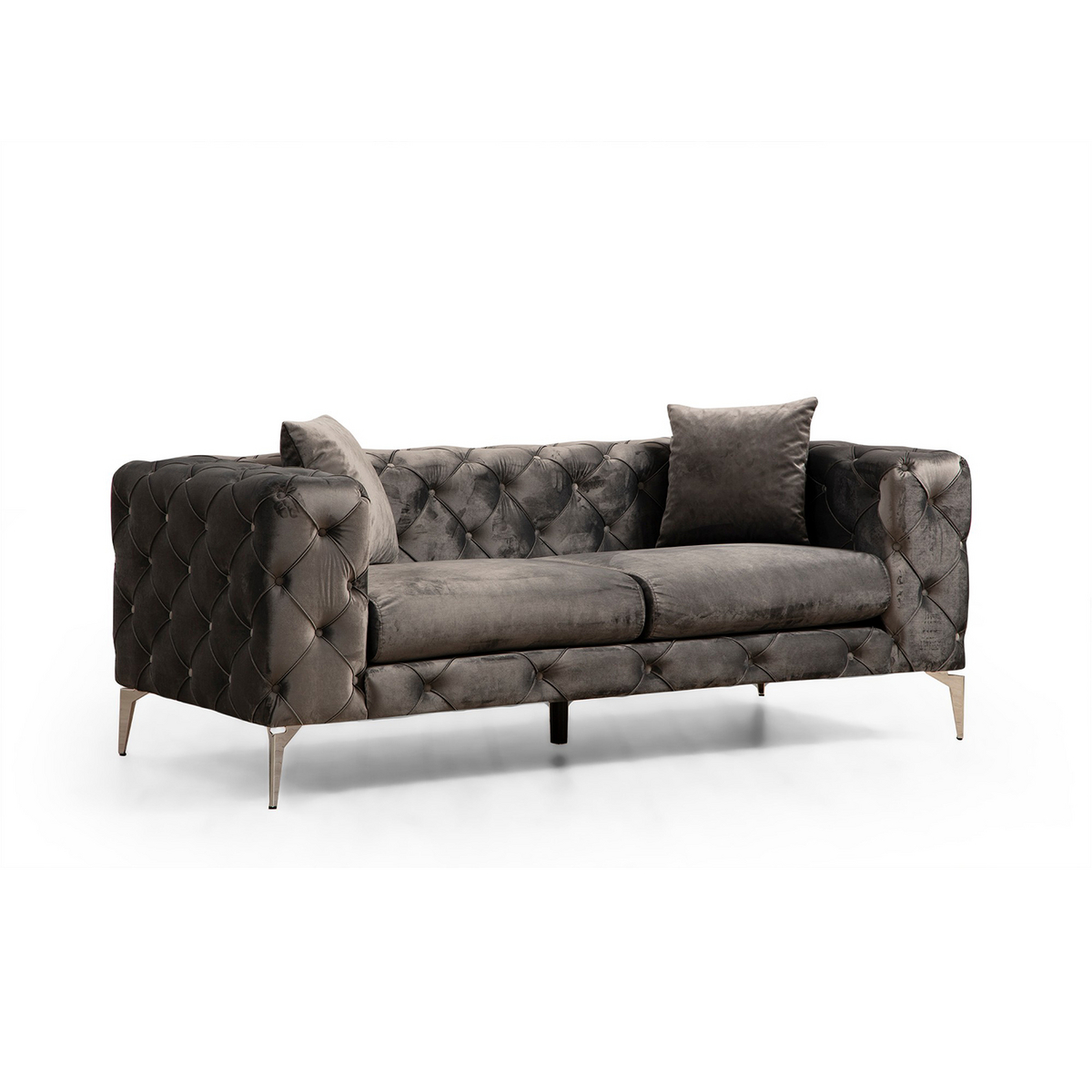 Norda Design moderne 2-seters sofa, antrasitt, bøkramme, kromben, 100% polyester, inkluderer 2 puter
