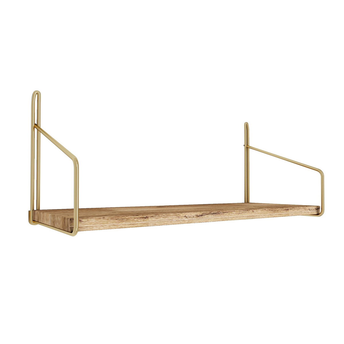 Norda Design Solid tre vegghylle med metallbraketter, 45 x 16 x 16 cm, gull og brun | 3 kg kapasitet, moderne industriell design