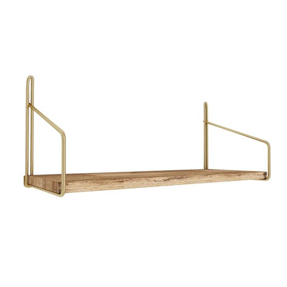 Norda Design Solid tre vegghylle med metallbraketter, 45 x 16 x 16 cm, gull og brun | 3 kg kapasitet, moderne industriell design