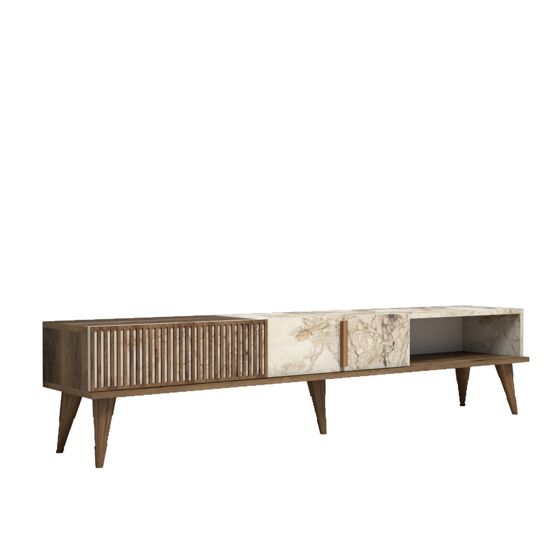 Norda Design moderne TV-benk med marmordesign, valnøtt og hvit, 180 cm | 100% melaminbelagt, 30 kg kapasitet