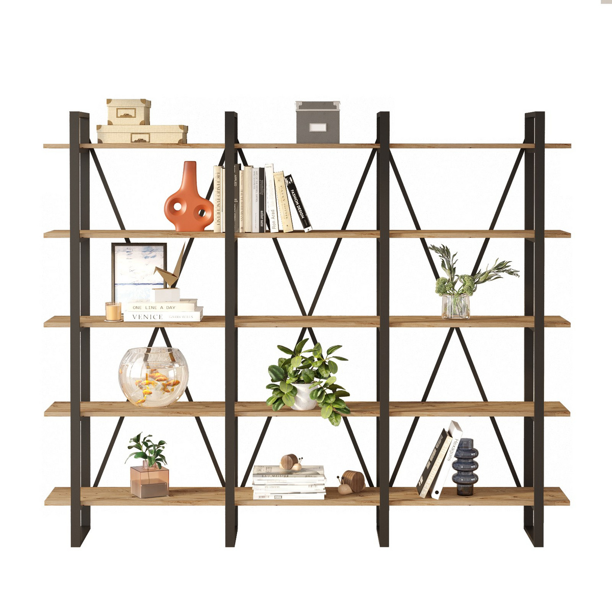 Norda Design moderne industriell bokhylle, Atlantic-furu, 219.6 x 180 x 34 cm | 100% melaminbelagt, metallramme