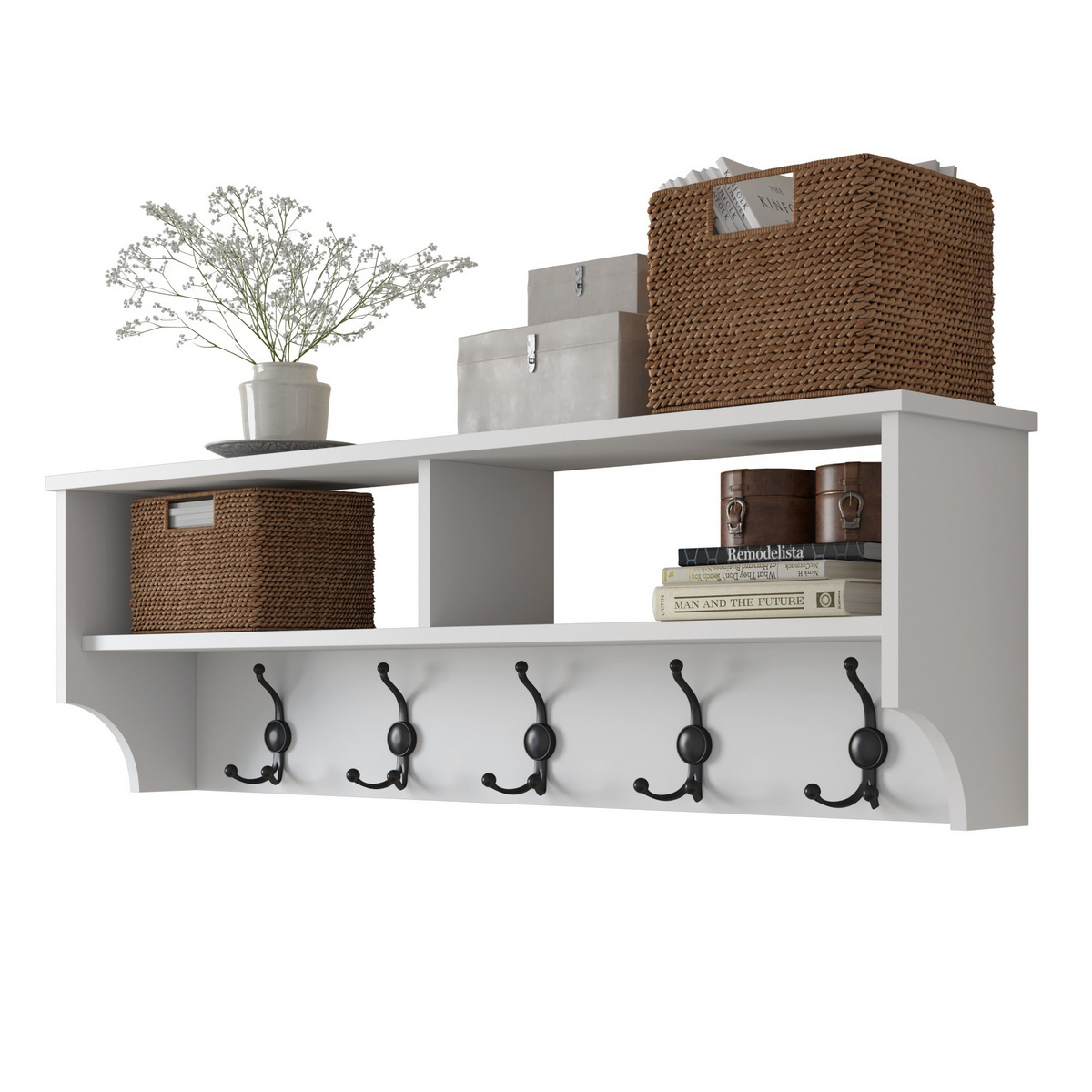 Norda Design moderne hvit entrémøbel med flere hyller, 120 cm | 100% melaminbelagt sponplate | stilig oppbevaringsløsning