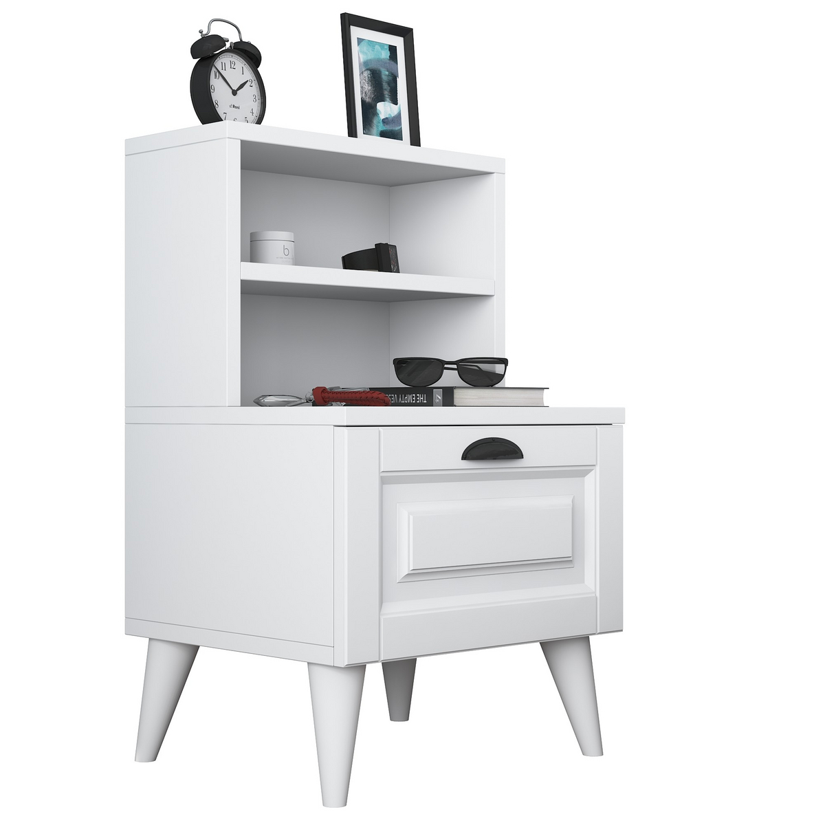 Norda Design moderne hvitt nattbord med flere hyller, 100% melaminbelagt, 45x74.4x40 cm | stilig oppbevaringsløsning