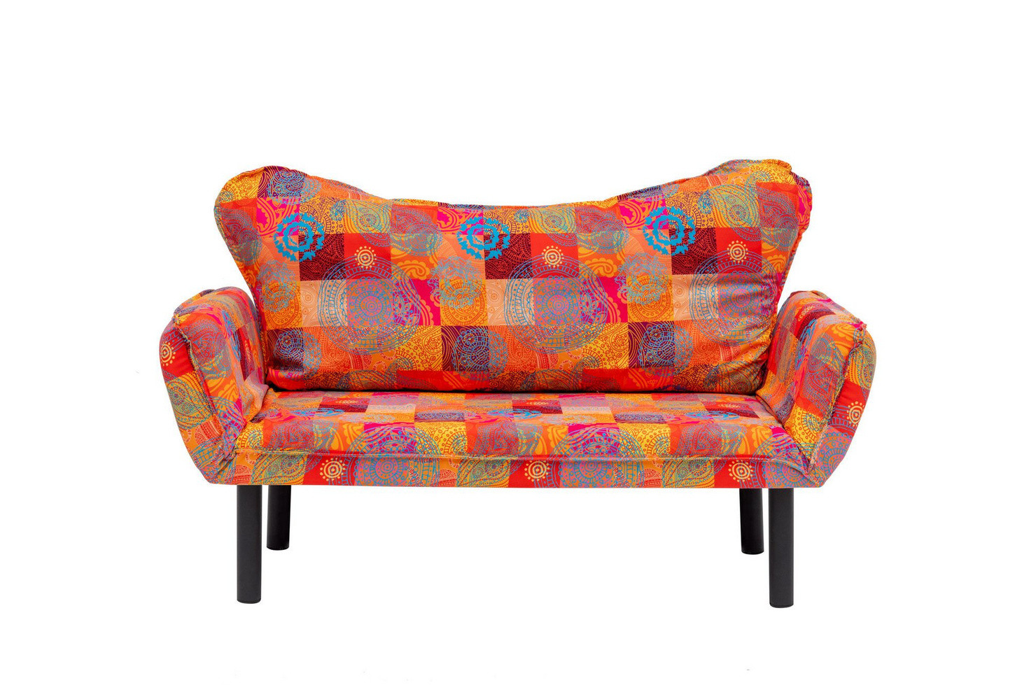 Norda Design stilig 2-seters sovesofa, metallramme, patchwork-stoff, 150 cm | justerbart armlene, 200 kg kapasitet, bohemsk design