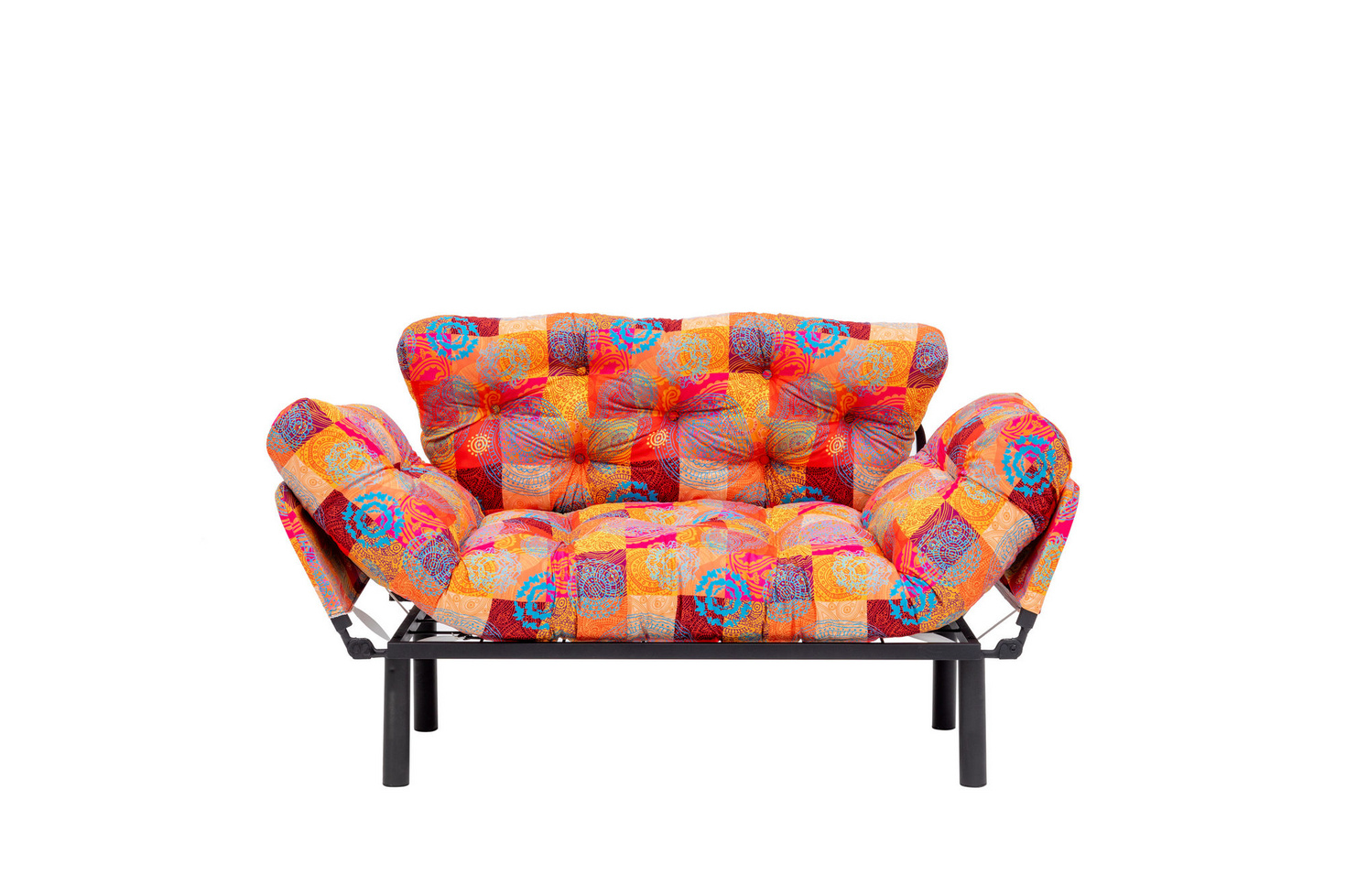 Norda Design stilig 2-seters sovesofa, metallramme, patchwork-stoff, 155 cm | justerbare armlener, 200 kg kapasitet, bohemsk design
