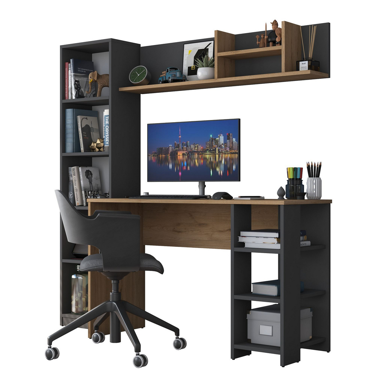 Norda Design moderne skrivebord og bokhylle-sett, valnøtt og antrasitt, 100% melamin, 160x161.8x45 cm | stilig og funksjonell