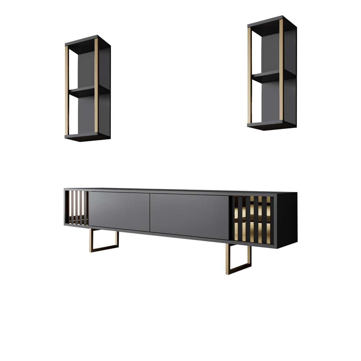 Norda Design moderne TV-møbel med vegghyller, antrasitt og svart, 100% melaminbelagt, metallben, 180 cm bred
