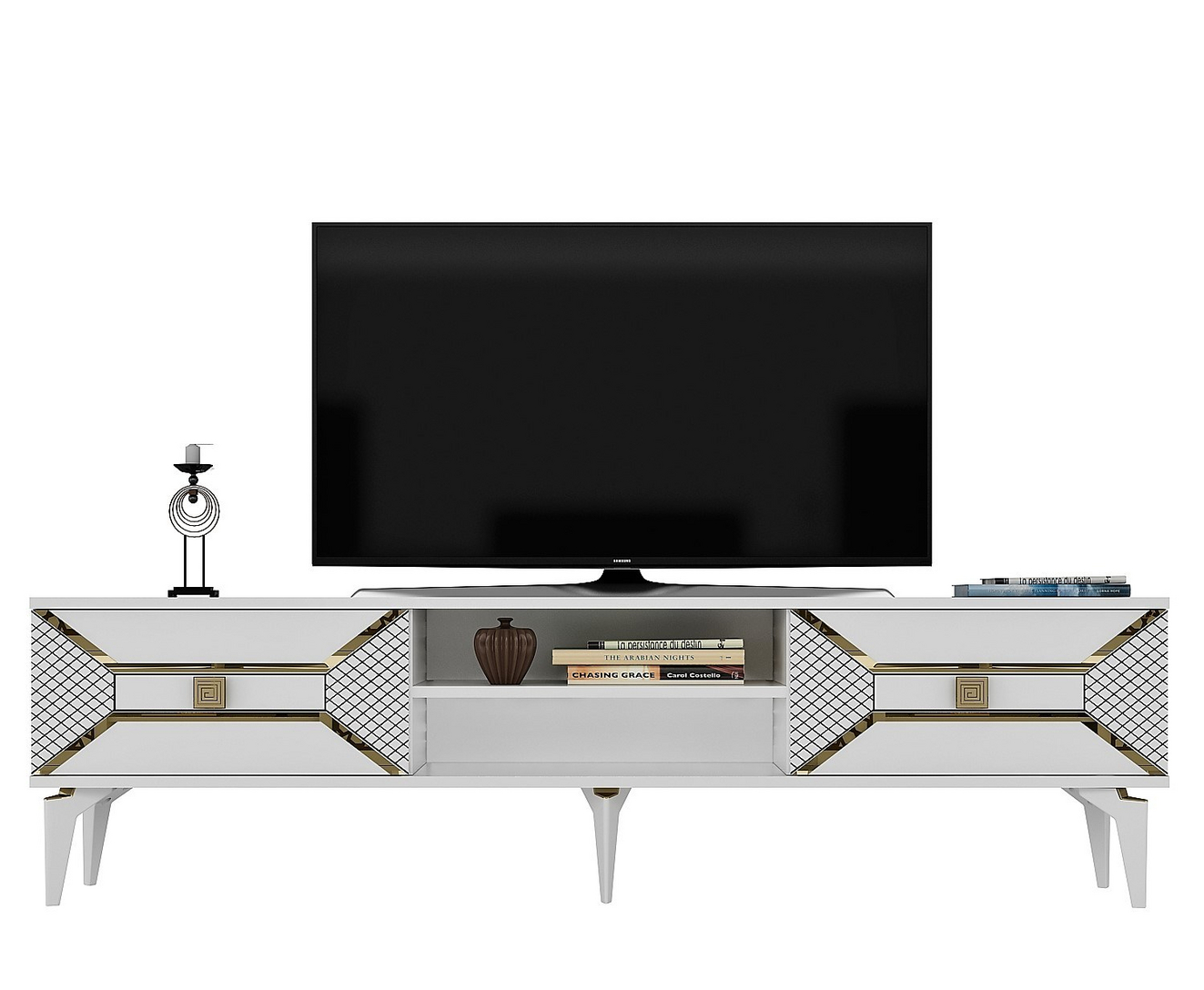 Norda Design moderne TV-benk med gulldetaljer, 150 cm | 100% melaminbelagt, 18 mm tykk | stilig hvit og gull design