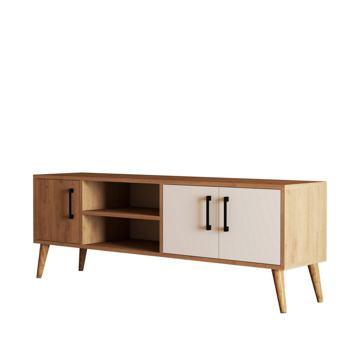 Norda Design moderne TV-benk med treben, eik og hvit, 150 cm | 100% melaminbelagt, veggmonterbar, stilig design