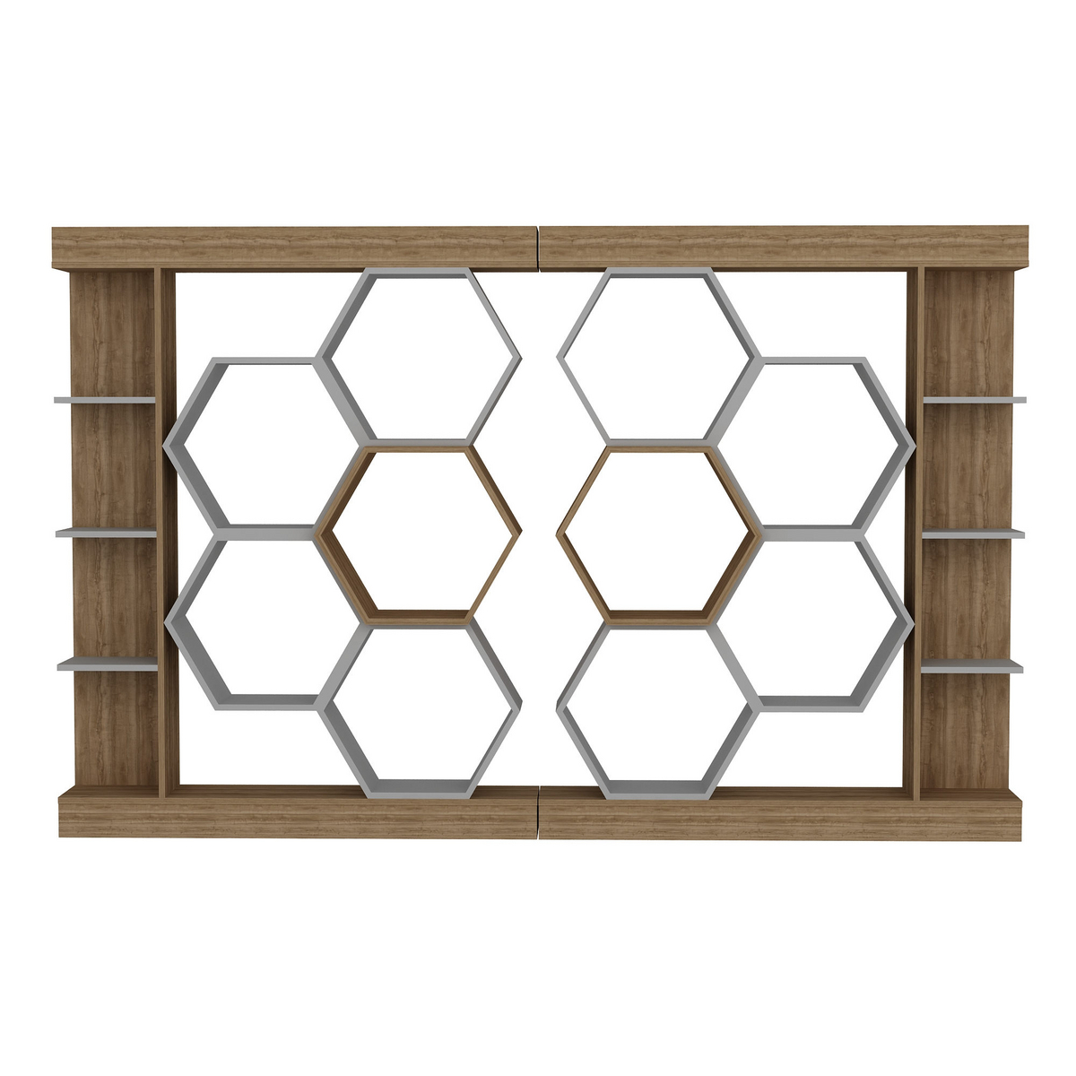 Norda Design moderne geometrisk bokhylle, hvit og valnøtt, 140 x 29.6 x 177.4 cm | 100% melaminbelagt, 18 mm tykk | stilig oppbevaringsløsning