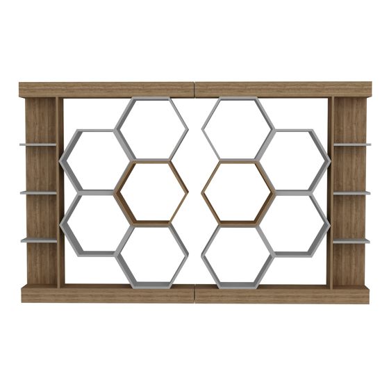 Norda Design moderne geometrisk bokhylle, hvit og valnøtt, 140 x 29.6 x 177.4 cm | 100% melaminbelagt, 18 mm tykk | stilig oppbevaringsløsning