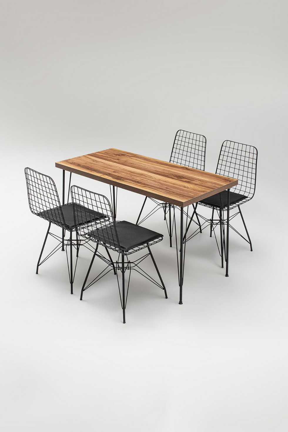 Norda Design moderne 5-delt bord- og stolsett, eik og svart, 120x60 cm | 100% melaminbelagt, metallramme, stilig design
