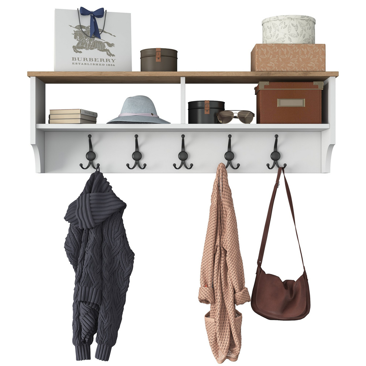Norda Design elegant entrémøbel med metallkroker, hvit og valnøtt, 120 cm | 100% melaminbelagt, veggmonterbar, 18 mm
