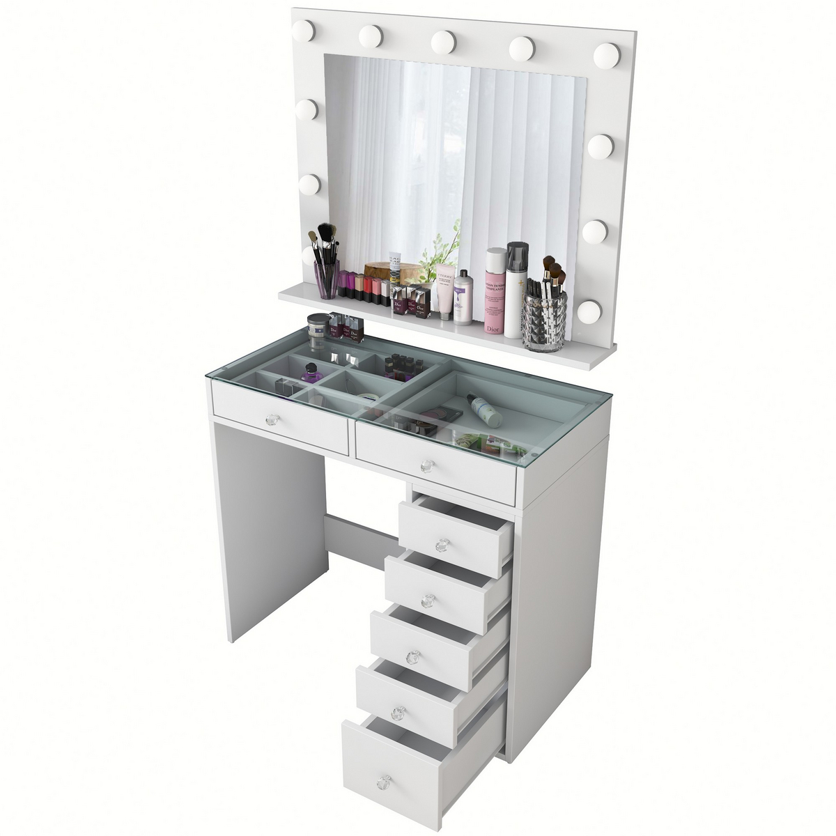 Norda Design moderne hvitt sminkebord med speil, 100% melaminbelagt E1 sponplate, 11 lyspærer inkludert | 90x79.8x44.5 cm