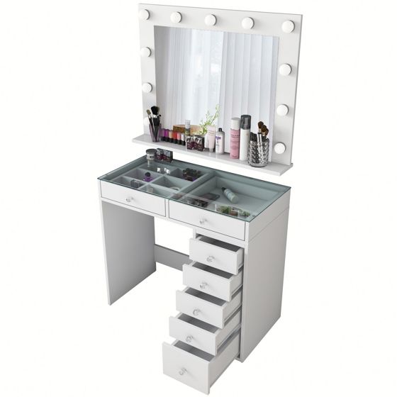 Norda Design moderne hvitt sminkebord med speil, 100% melaminbelagt E1 sponplate, 11 lyspærer inkludert | 90x79.8x44.5 cm