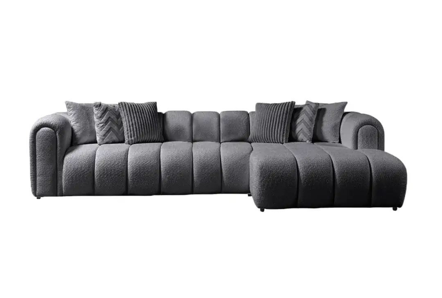 Norda Design stilig mørkegrå hjørnesofa, 265x185 cm, 7 puter, lettstelt stoff, 240 kg kapasitet | moderne komfort