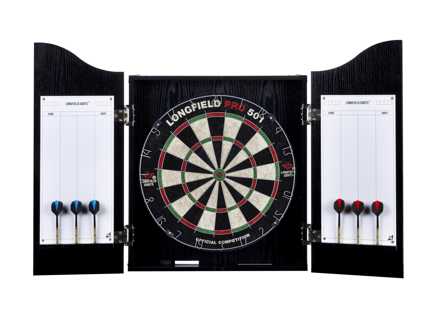Longfield dartskive, skap og 2 dartsett