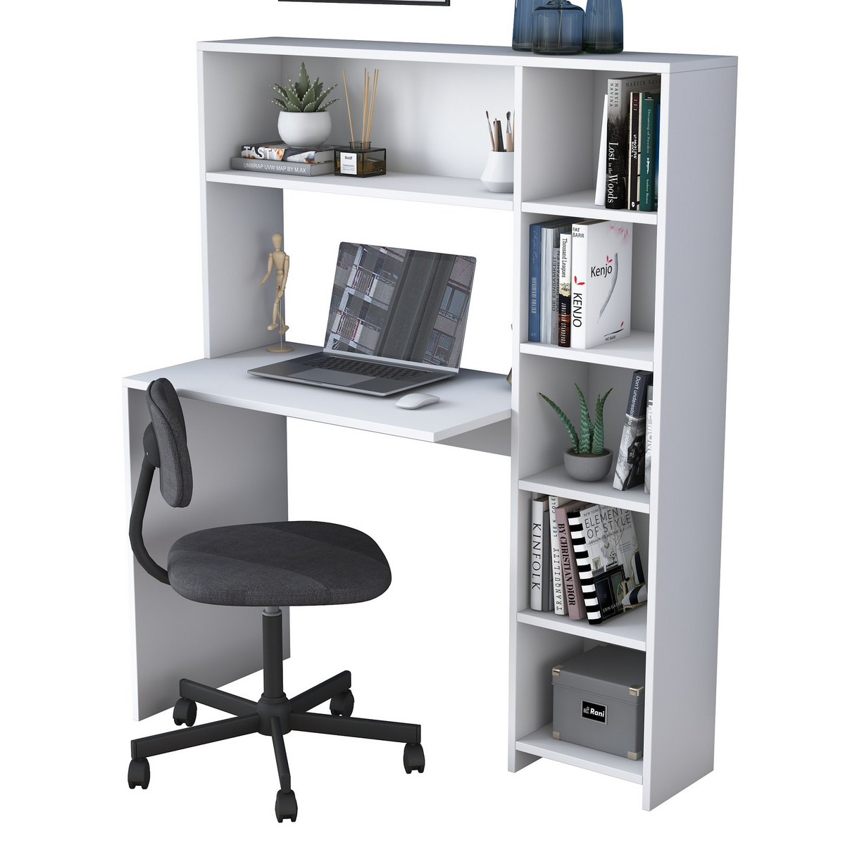 Norda Design moderne skrivebord med bokhylle, 100% melaminbelagt, 113.2 x 141.8 x 40 cm | stilig og funksjonell