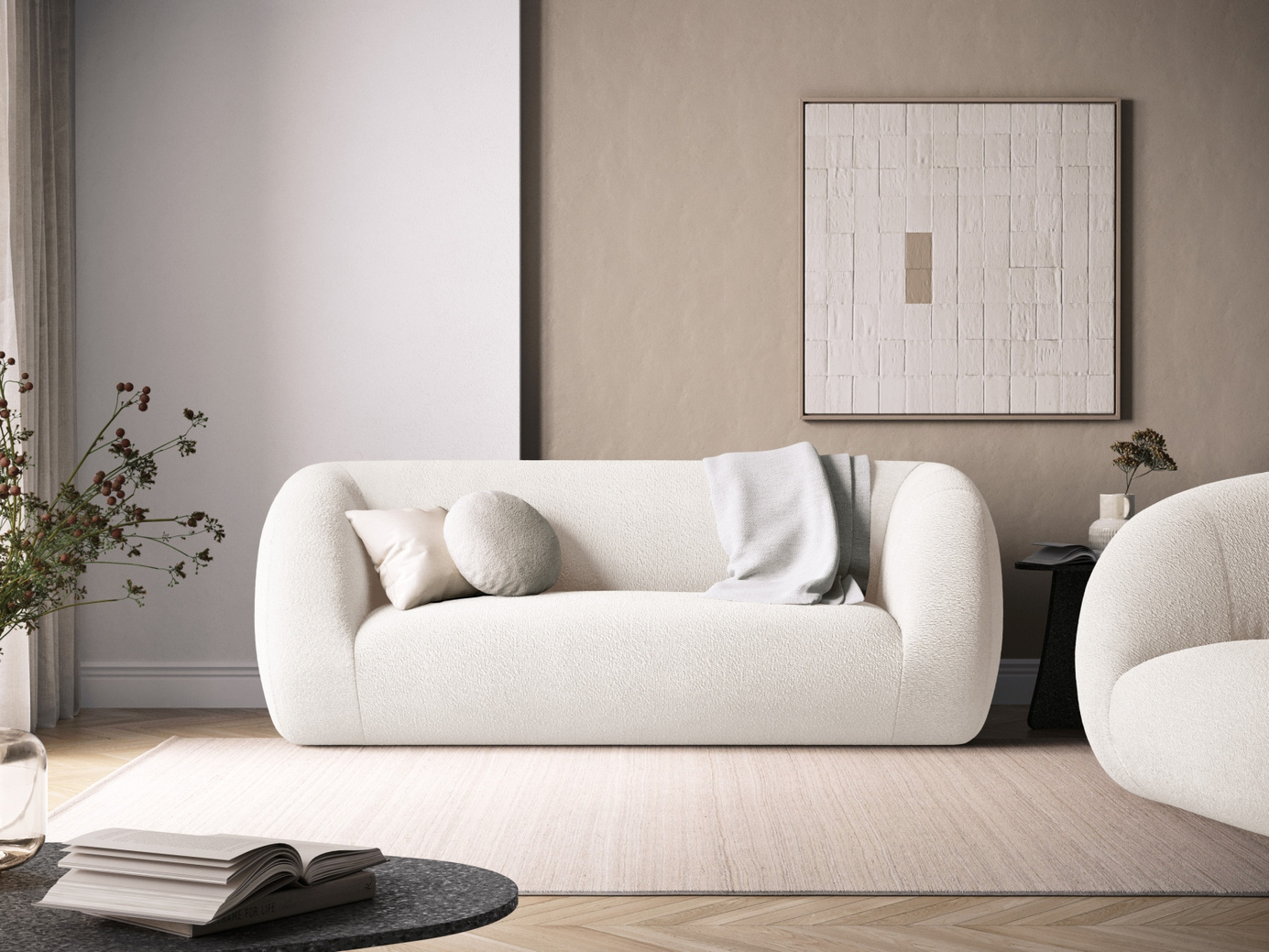 Cosmopolitan Design bouclé-sofa, "Essen", 2-seter, 210 × 95 × 86 cm, Baloo, svarte plastben