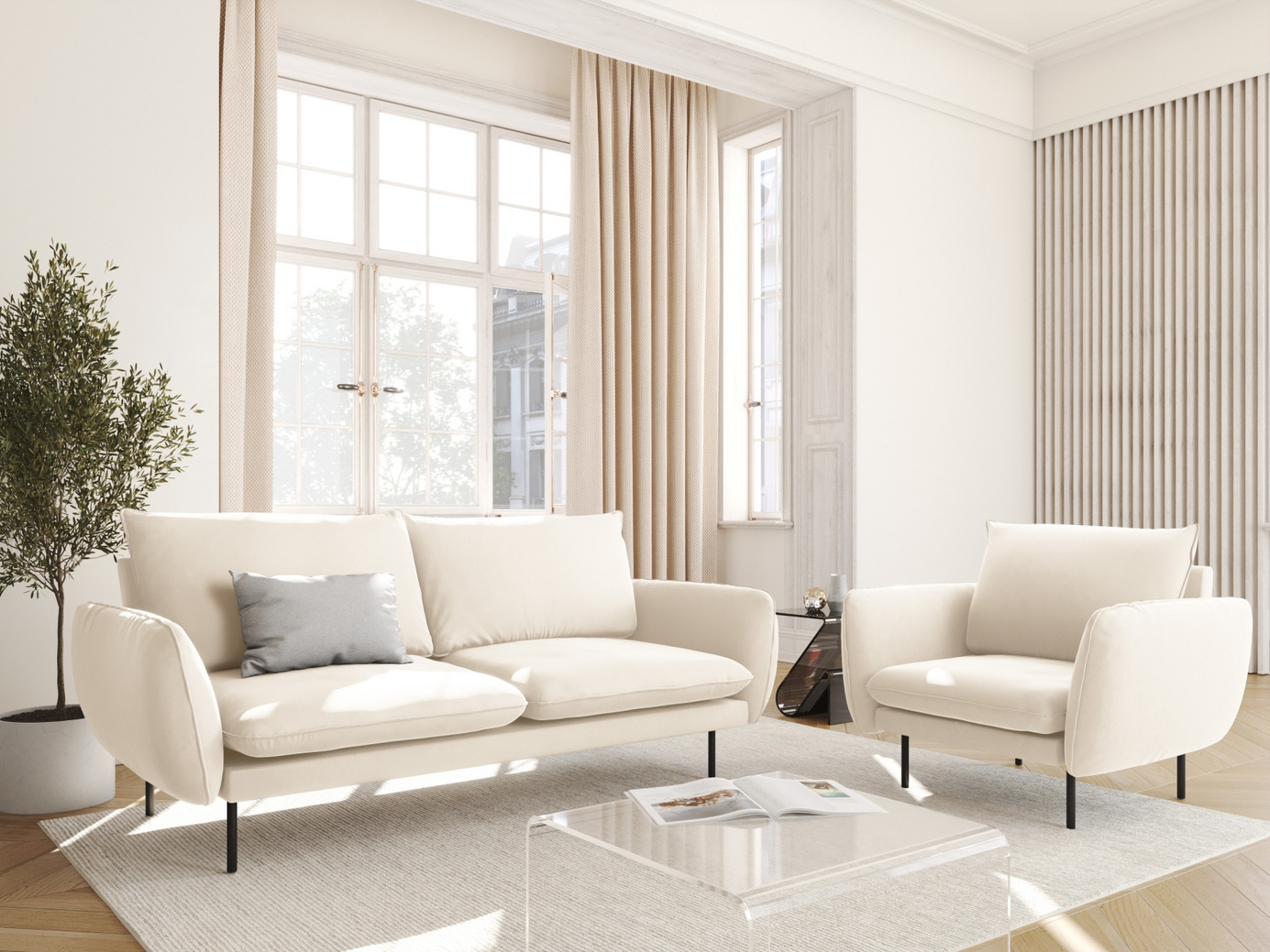 Cosmopolitan Design fløyelssofa, "Vienna", 2-seter, 160 × 92 × 95 cm, Bluvel, svarte metallben