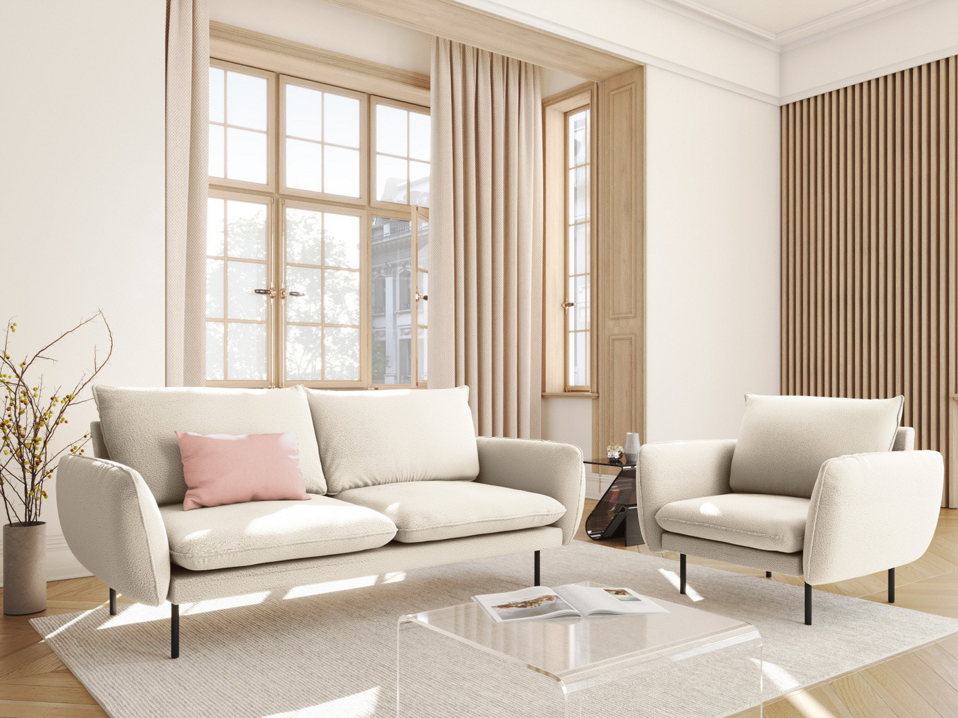 Cosmopolitan Design bouclé-sofa, "Vienna", 2-seter, 160 × 92 × 95 cm, Ascot, svarte metallben