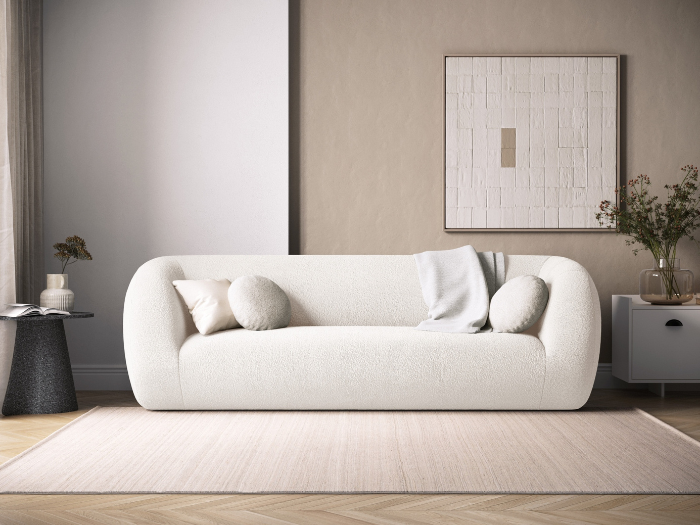Cosmopolitan Design bouclé-sofa, "Essen", 3-seter, 230 × 95 × 86 cm, Baloo, svarte plastben