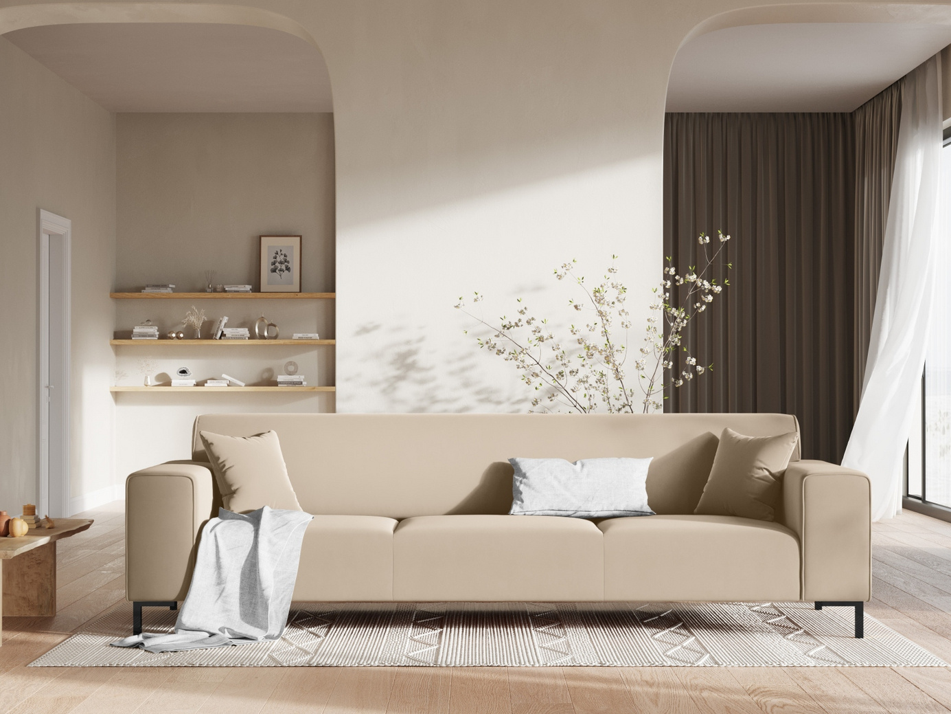 Cosmopolitan Design fløyelssofa, "Siena", 3-seter, 232 × 92 × 69 cm, Salvador, svarte plastben