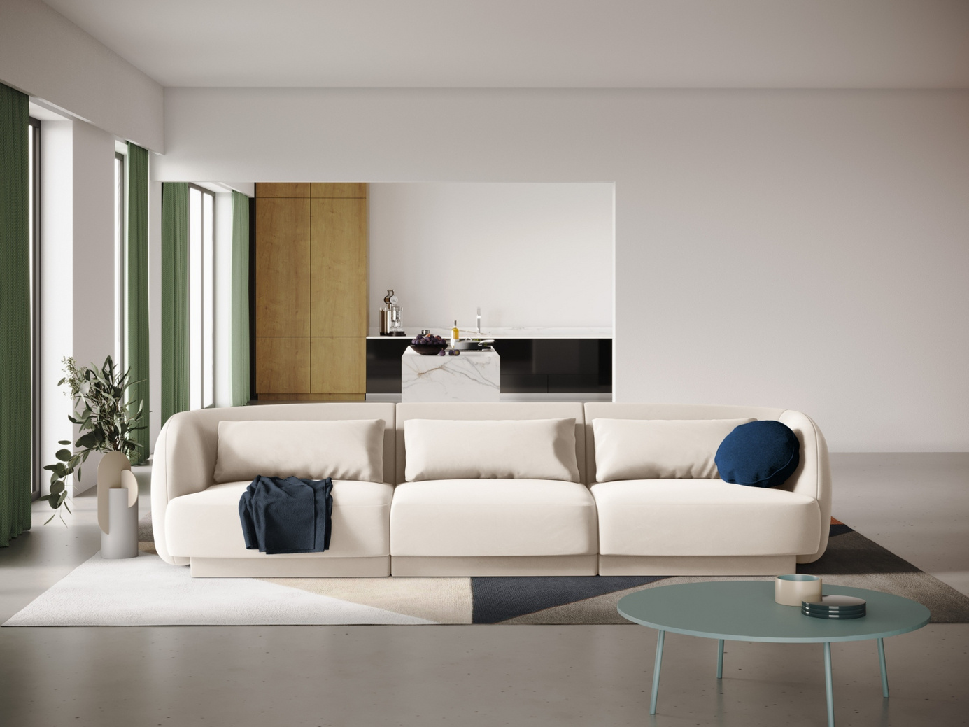 Cosmopolitan Design fløyelssofa, "Tulum", 3-seter, 255 × 90 × 70 cm, Bluvel, svarte plastben