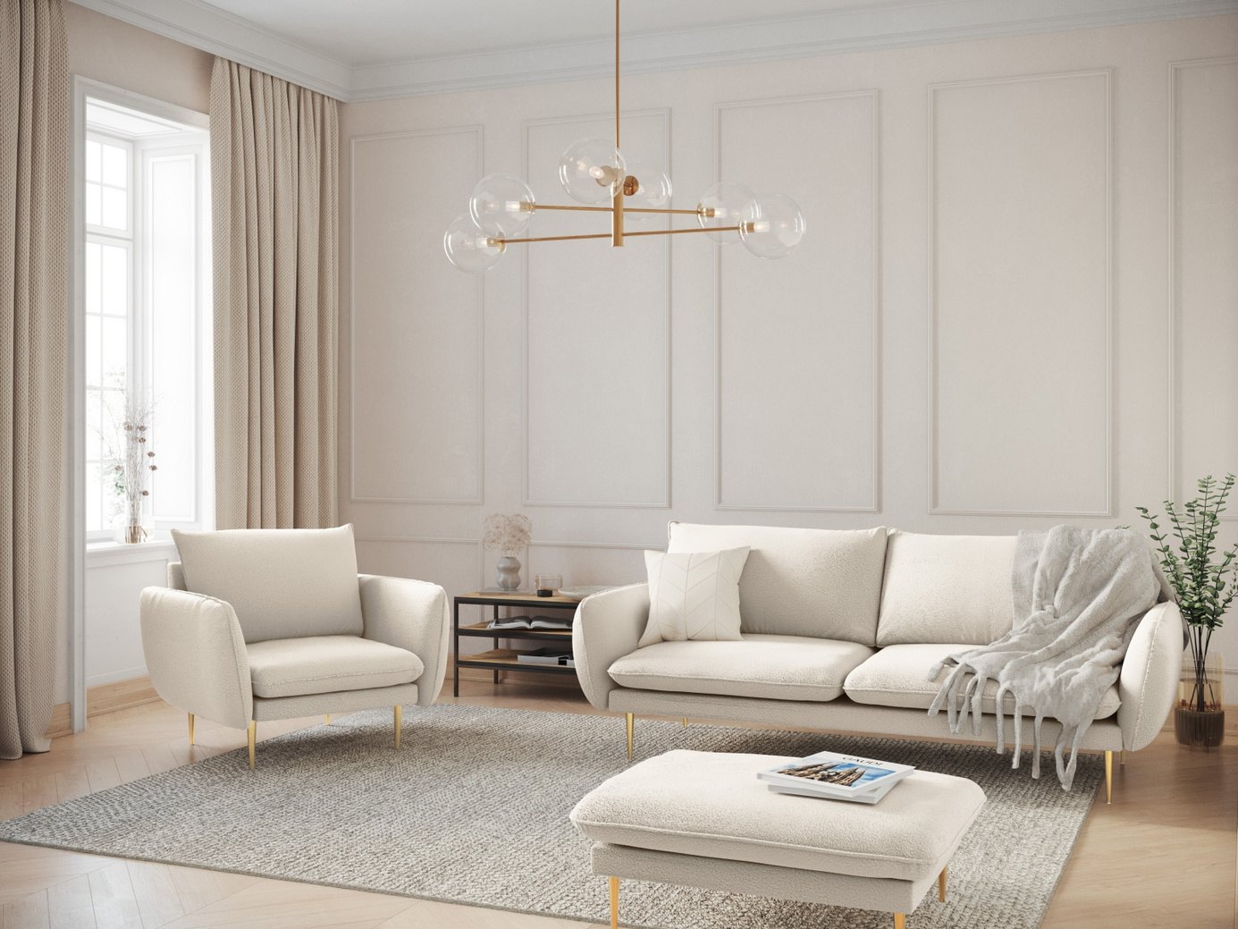 Cosmopolitan Design bouclé-sofa, "Vienna", 3-seter, 200 × 92 × 95 cm, Ascot, gullfargede metallben