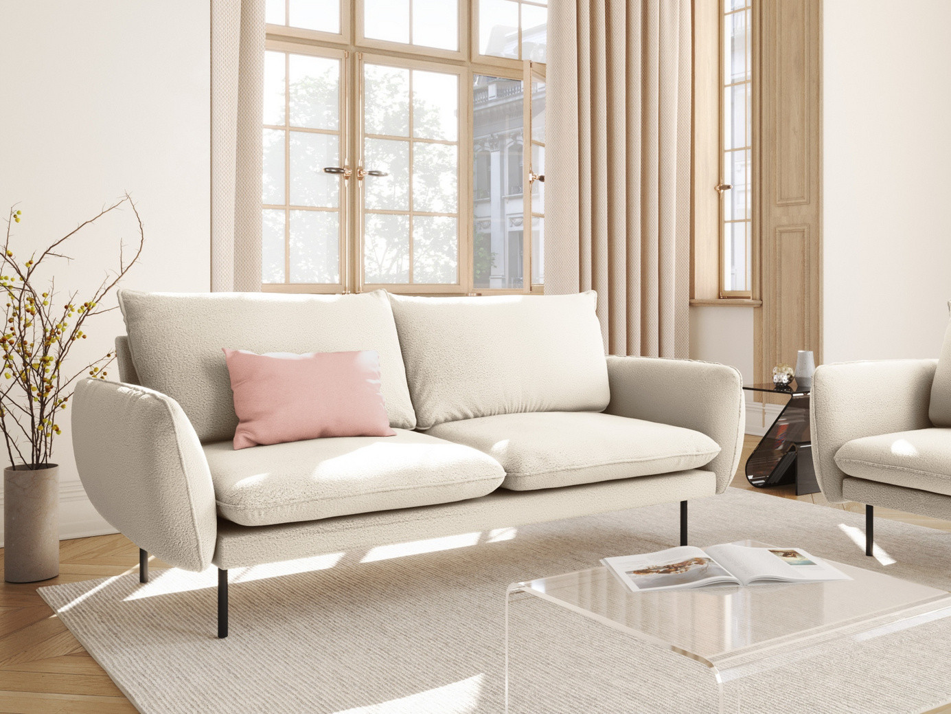 Cosmopolitan Design bouclé-sofa, "Vienna", 3-seter, 200 × 92 × 95 cm, Ascot, svarte metallben