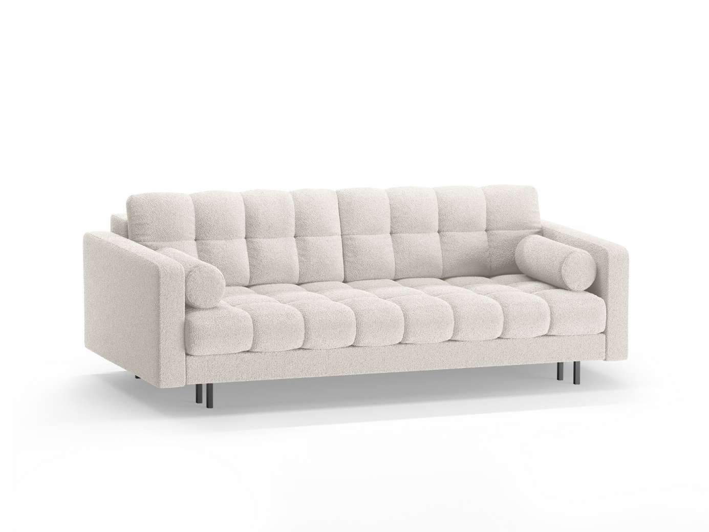 Cosmopolitan Design bouclé-sovesofa med oppbevaring, "Bali", 3-seter, 222 × 84 × 105 cm, Baloo, svarte metallben