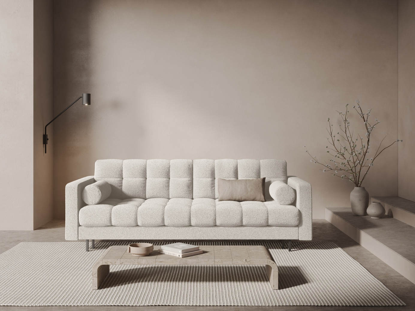 Cosmopolitan Design bouclé-sovesofa med oppbevaring, "Bali", 3-seter, 222 × 84 × 105 cm, Baloo, svarte metallben