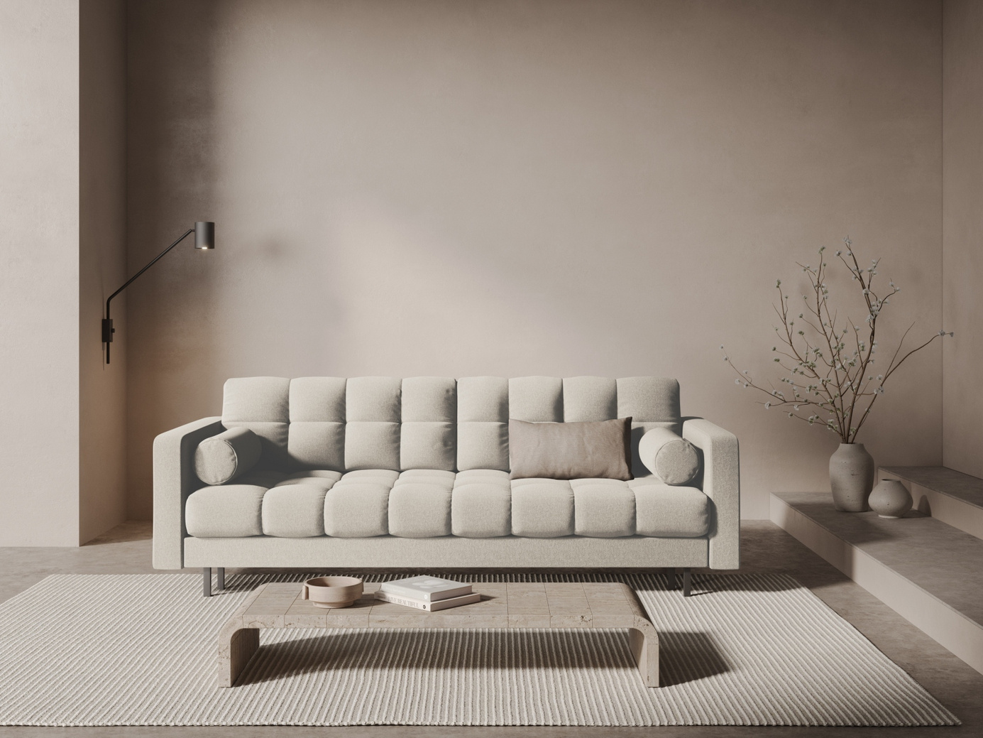 Cosmopolitan Design sovesofa med oppbevaring, "Bali", 3-seter, 222 × 84 × 105 cm, Neve, svarte metallben